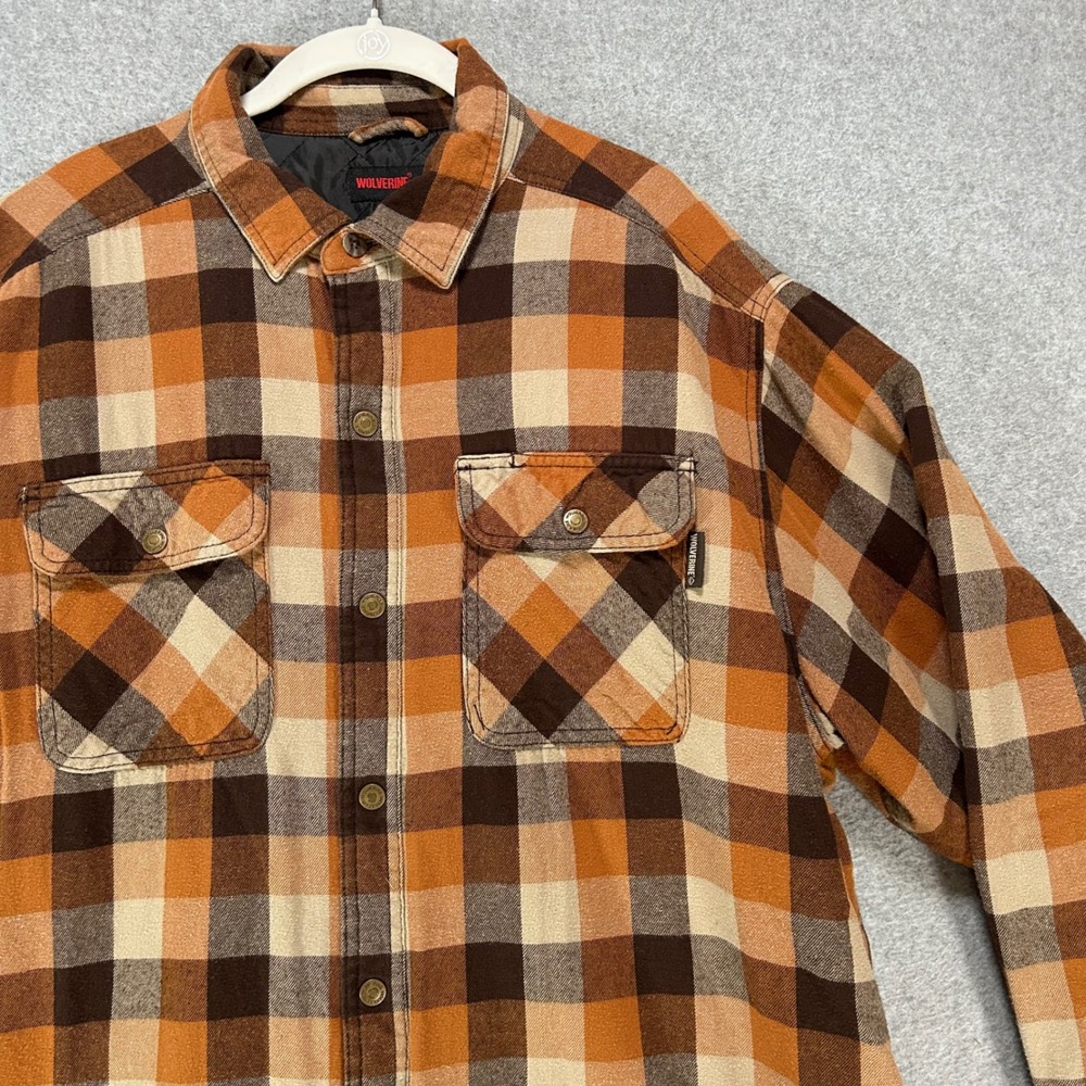 Wolverine Shirt Jacket Mens XL Brown Plaid Quilted Lined Workwear Rugged